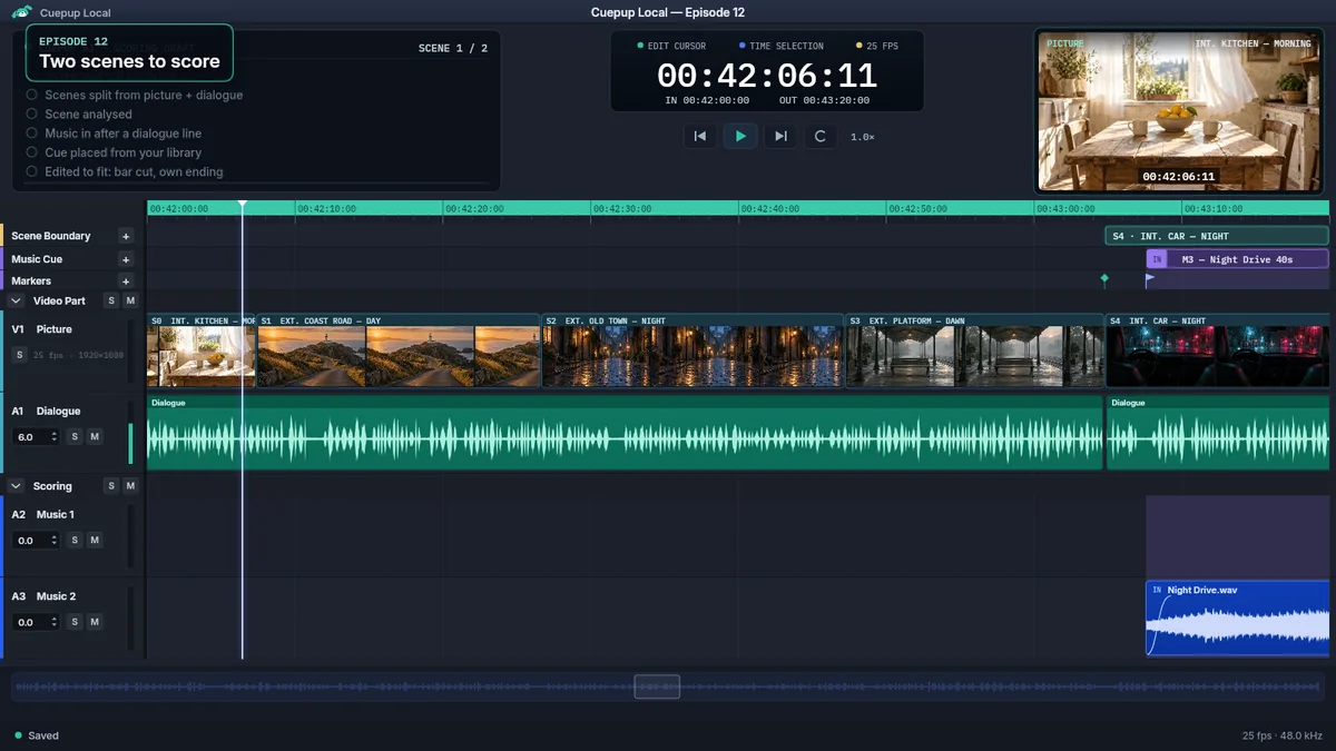 A Cuepup scoring draft on screen: an episode timeline with picture thumbnails for each scene, one continuous dialogue track, and empty music tracks waiting for cues.