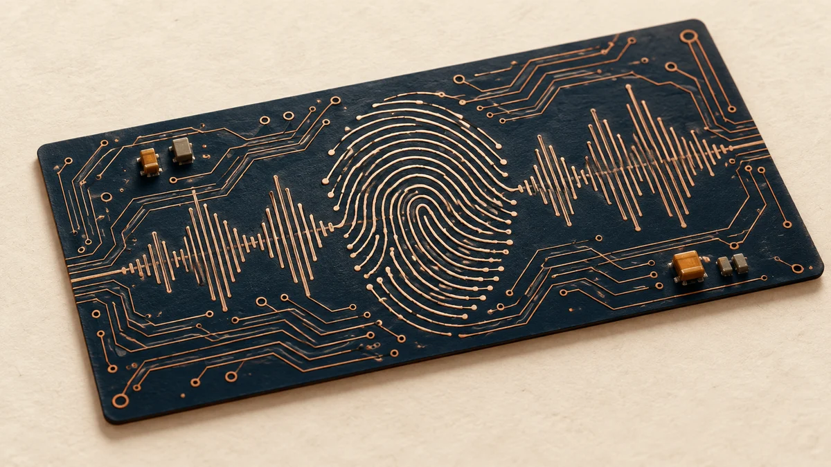 Editorial metaphor for audio fingerprint matching: waveform and fingerprint ridges drawn as copper circuit traces.