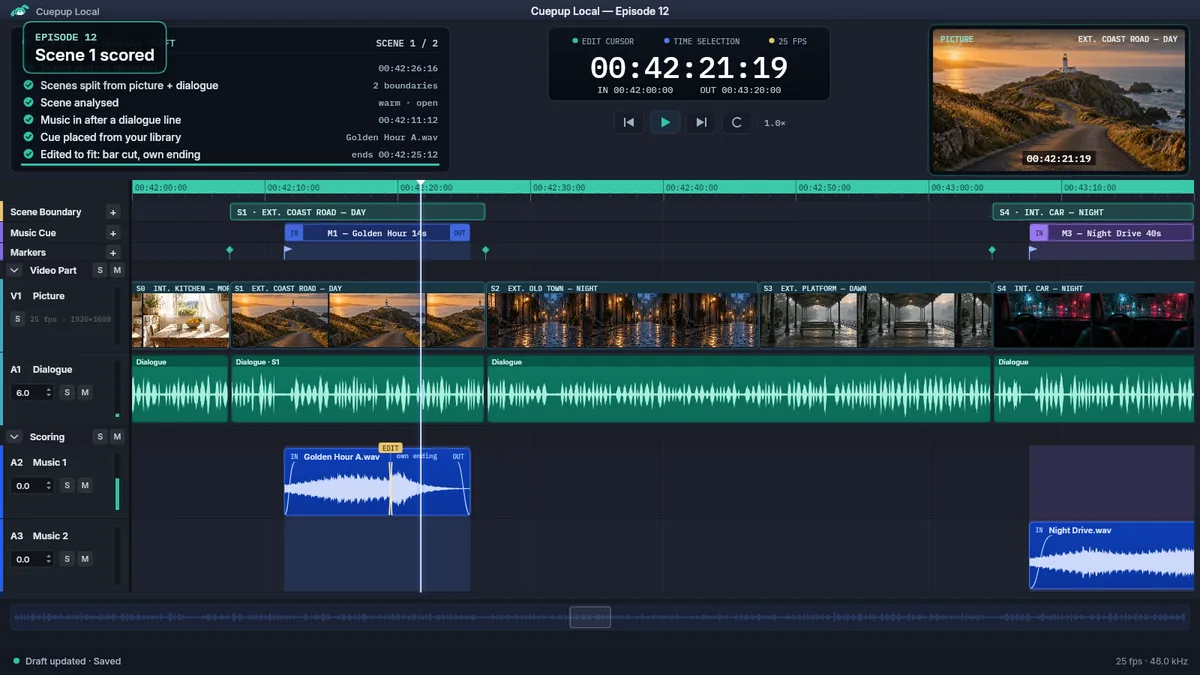 A Cuepup scoring draft on screen: picture thumbnails for each scene, one continuous dialogue track, and a library cue placed after a dialogue pause and trimmed to the coast-road scene on the first music track.